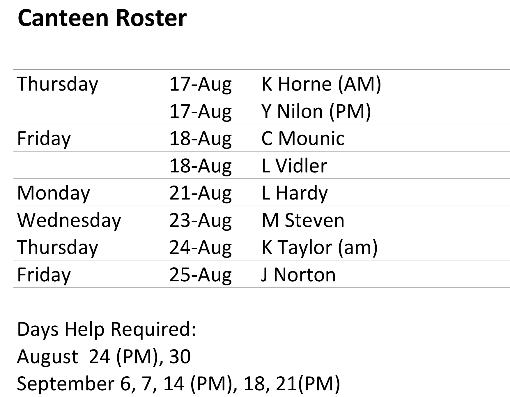canteen roster