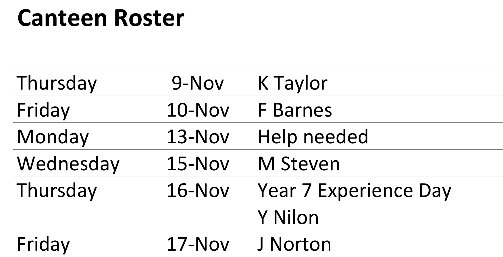 canteen roster 8 Nov