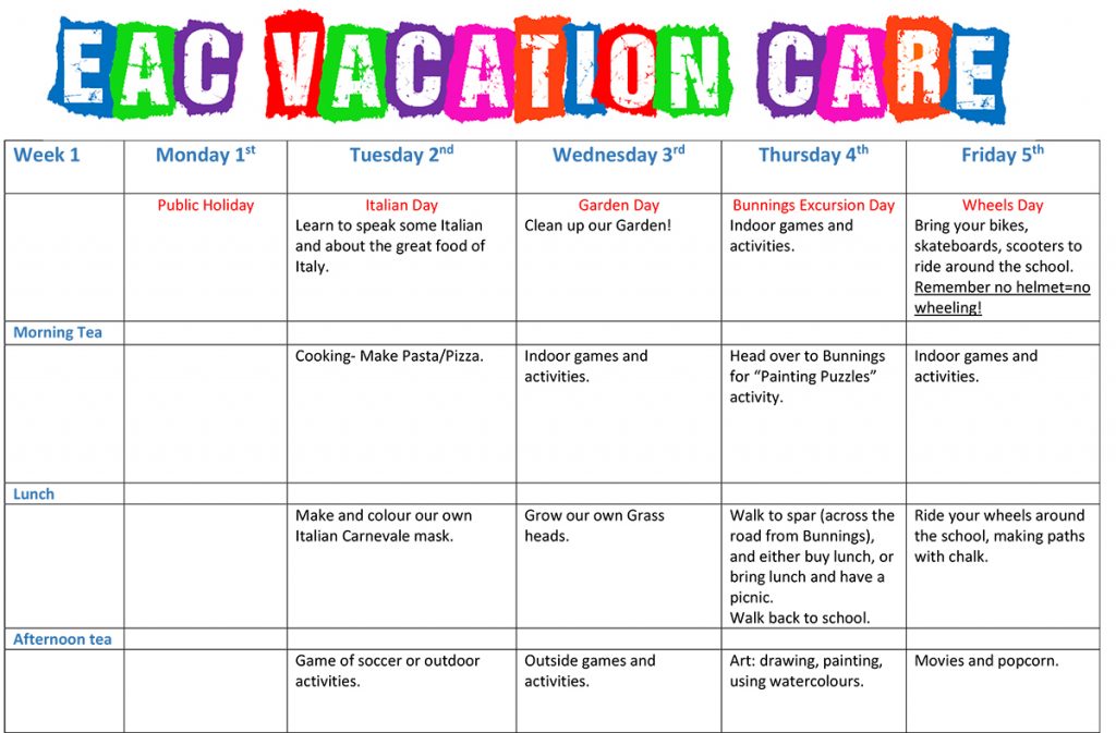 Vacation Care Timetable Term 3-1