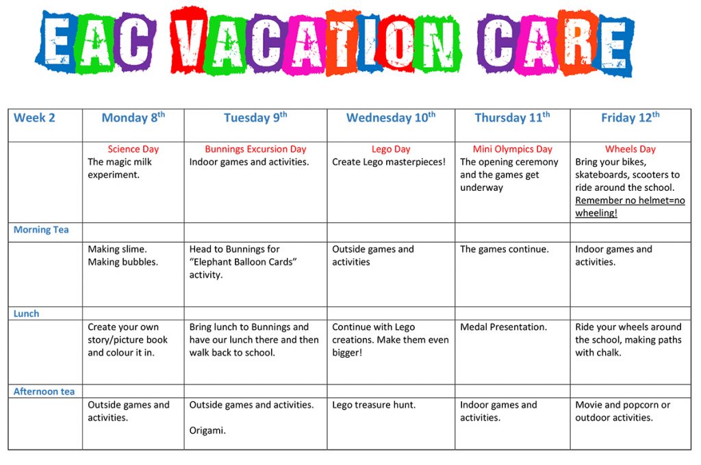 Vacation Care Timetable Term 3-2