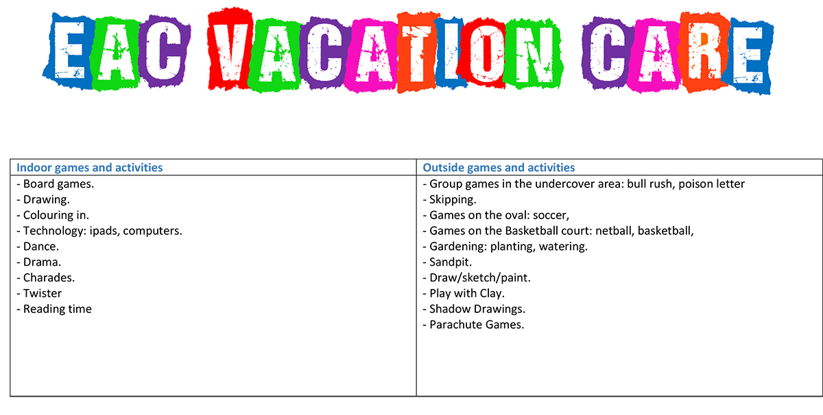 Vacation Care Timetable Term 3-3