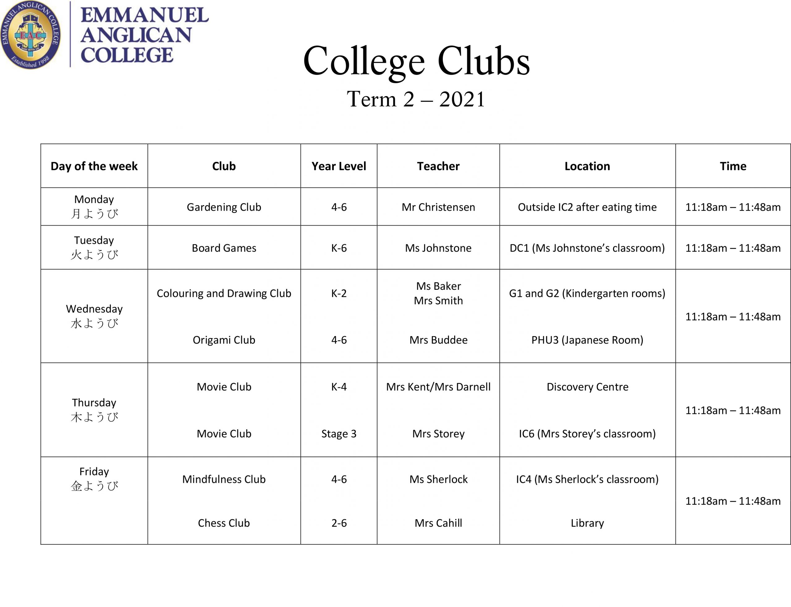 Primary Clubs Timetable Term 2 2021