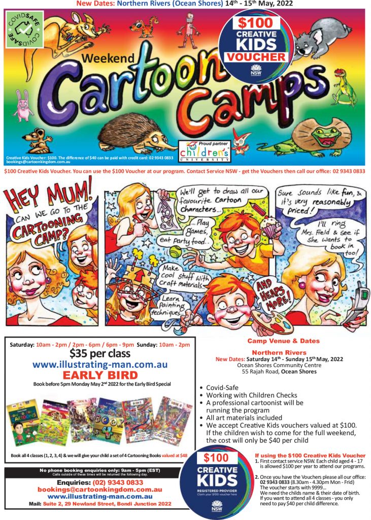 Northern Rivers May 2022 Weekend Cartoon Workshops for parents &amp;